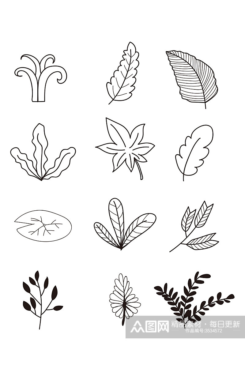 植物简笔画叶子简线图线条设计素材免扣元素素材