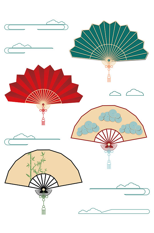 国潮风复古折扇装饰云纹扇子素材免扣元素