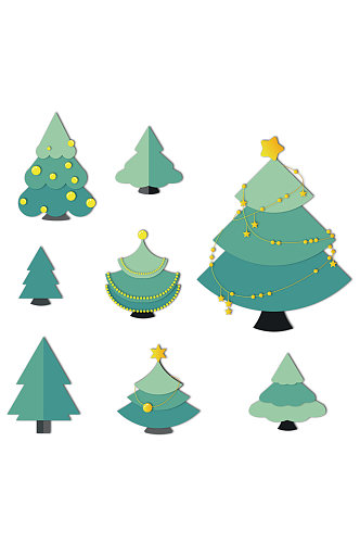 圣诞树扁平折纸风格星星树灯带免扣元素