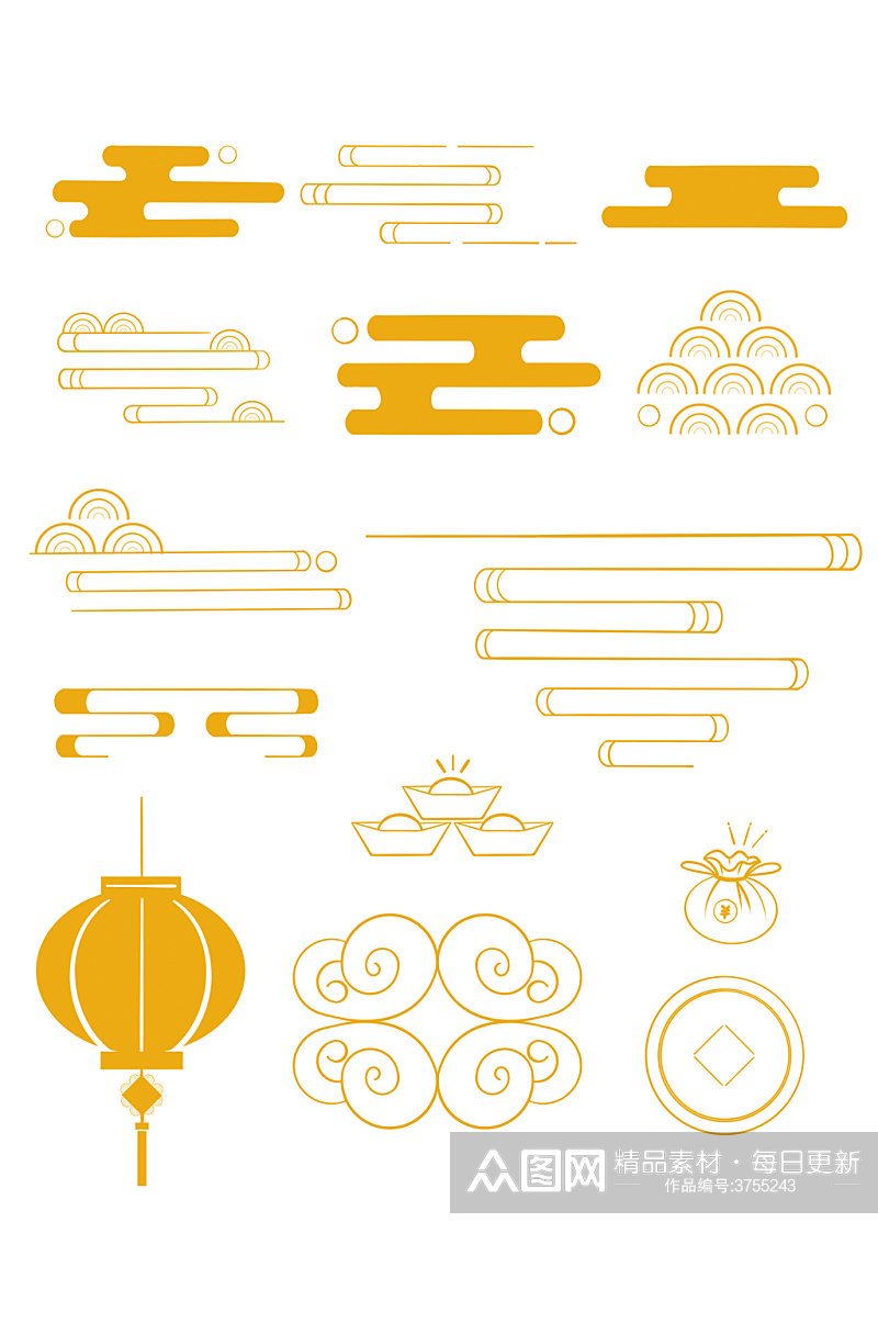 中国风线性古典云纹装饰图案组合免扣元素素材