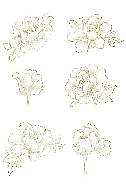 国风烫金牡丹花白描线稿免扣元素
