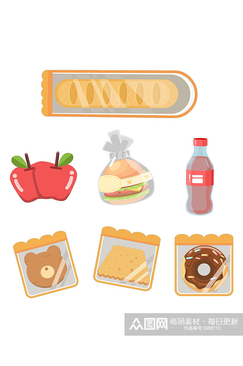 面包苹果汉堡饼干可乐零食野餐卡通免扣元素素材