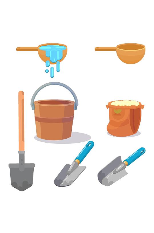 农具铁锹铁铲铲子水桶木桶水瓢动画免扣元素