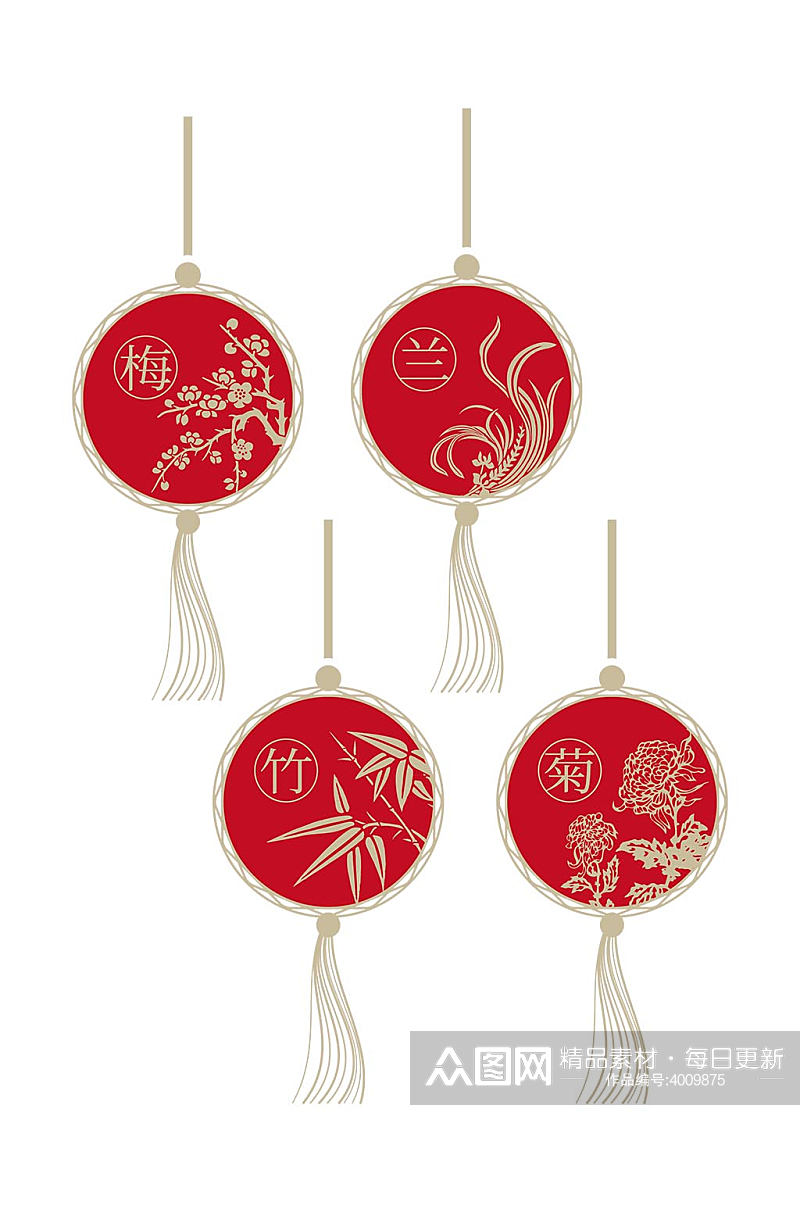 古典创意红灯笼梅兰竹菊灯笼组合免扣元素素材