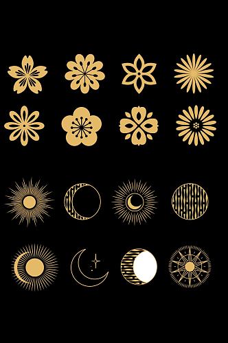 中国风喜庆花卉太阳月亮手绘设计免扣元素