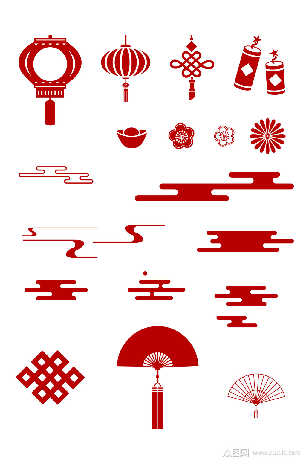 剪纸祥云元宝灯笼中国结新年图标免扣元素素材