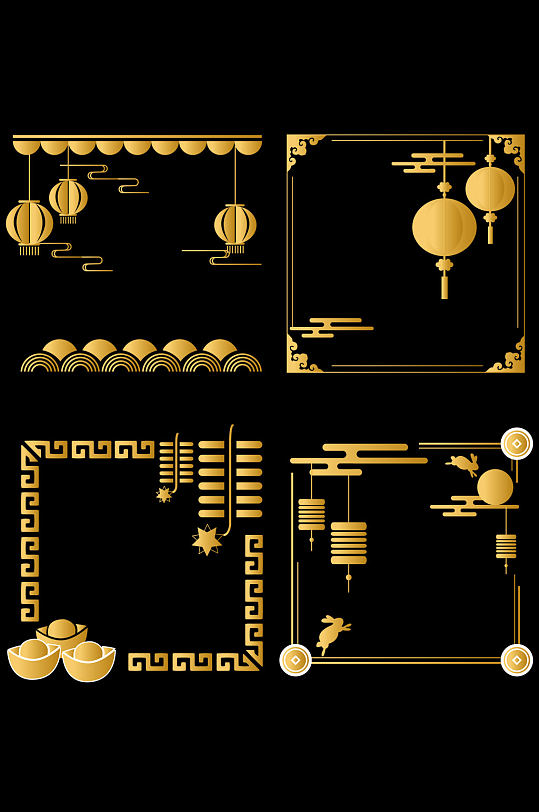 金色中式边框中国风祥云纹灯笼元宝免扣元素