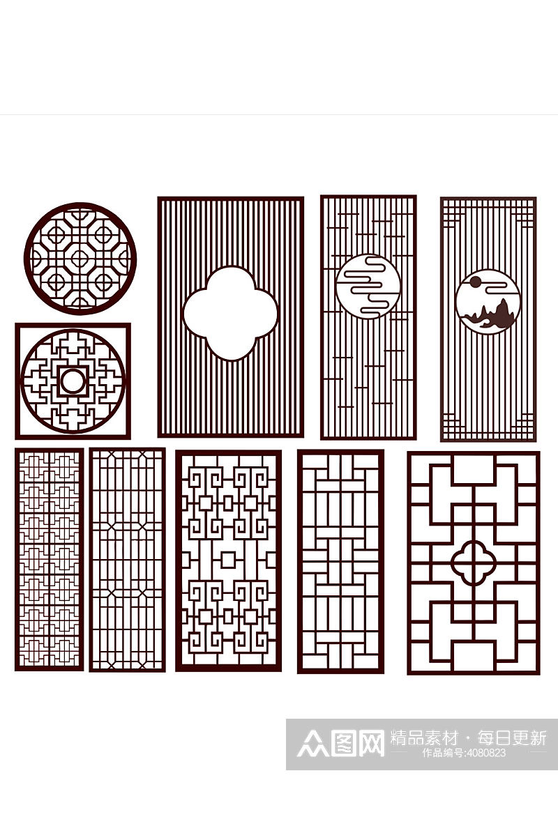 中式窗格镂空隔断图案免扣元素素材