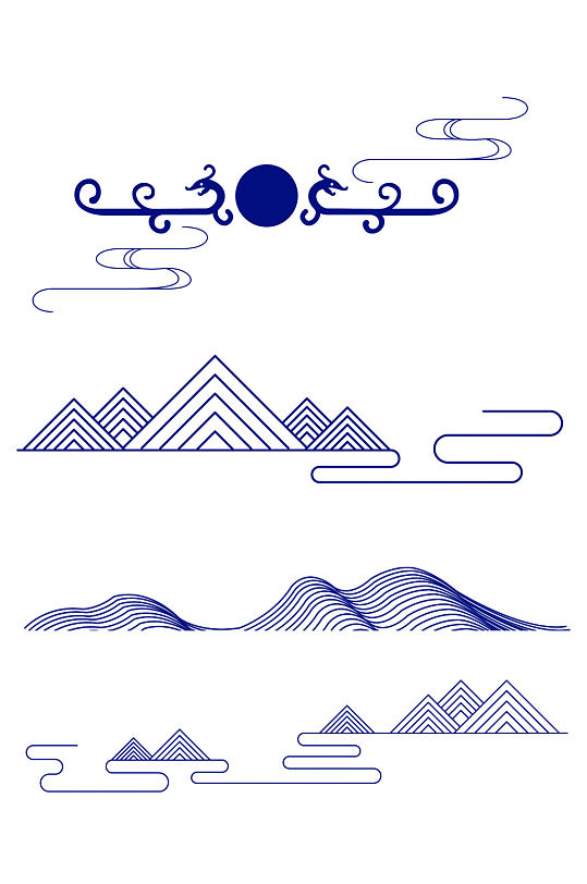 中国风中式山水纹路龙纹简约线条免扣元素