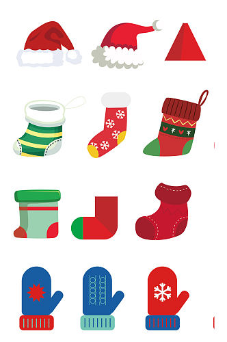 圣诞节袜子帽子手套雪花红绿海报免扣元素