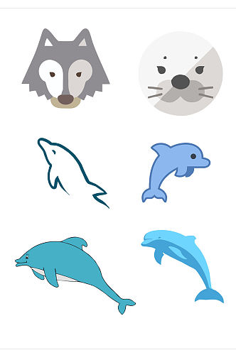卡通小清新动物元素狼熊海豚鲨鱼免扣元素