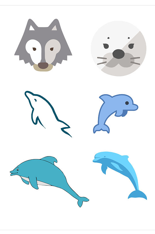 卡通小清新动物元素狼熊海豚鲨鱼免扣元素