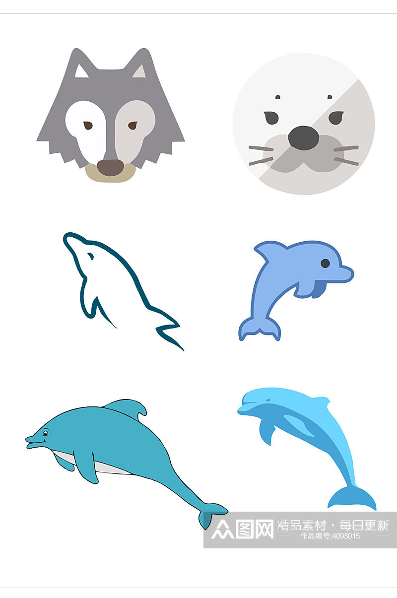 卡通小清新动物元素狼熊海豚鲨鱼免扣元素素材