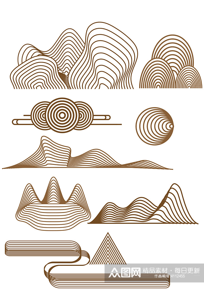 中国风线条山峰山水云纹山形线条免扣元素素材