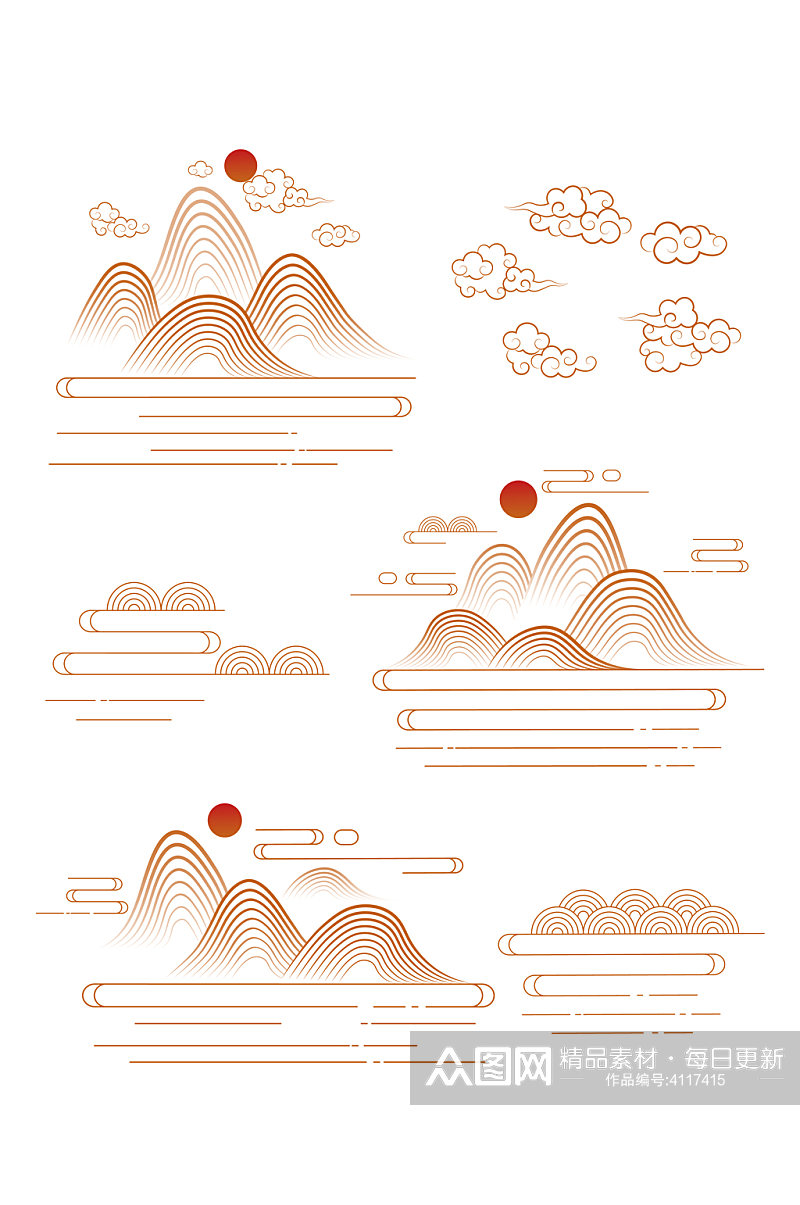 中式复古祥山纹水纹国潮风纹理装饰免扣元素素材