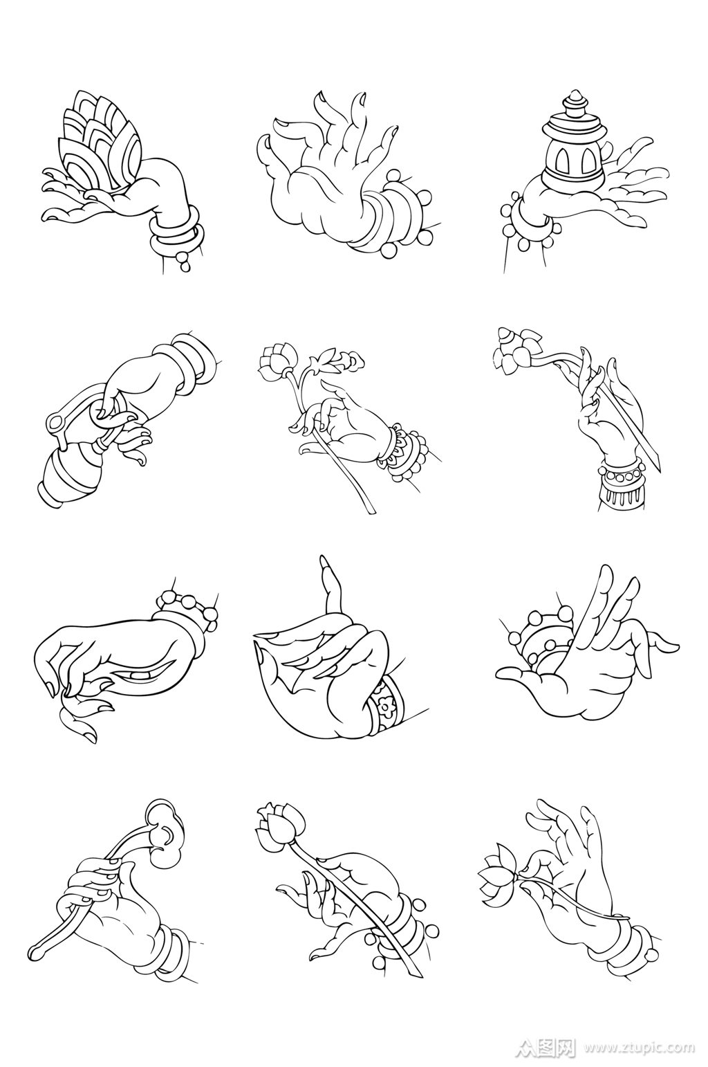 佛手莲花素描图中国风国潮免扣元素素材