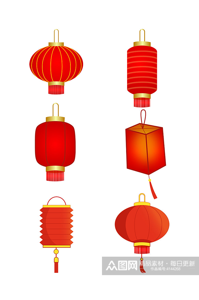 灯笼手绘中式复古红色灯笼卡通新年免扣元素素材