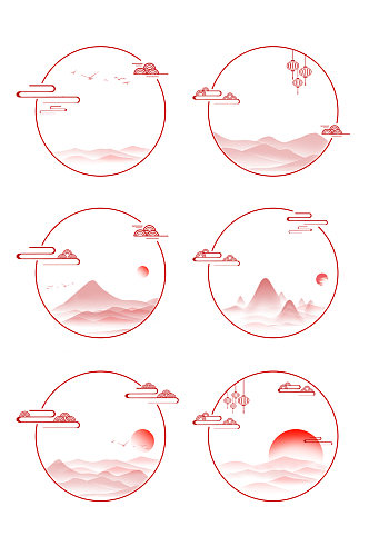 国潮古风山水水墨祥云灯笼标题框免扣元素