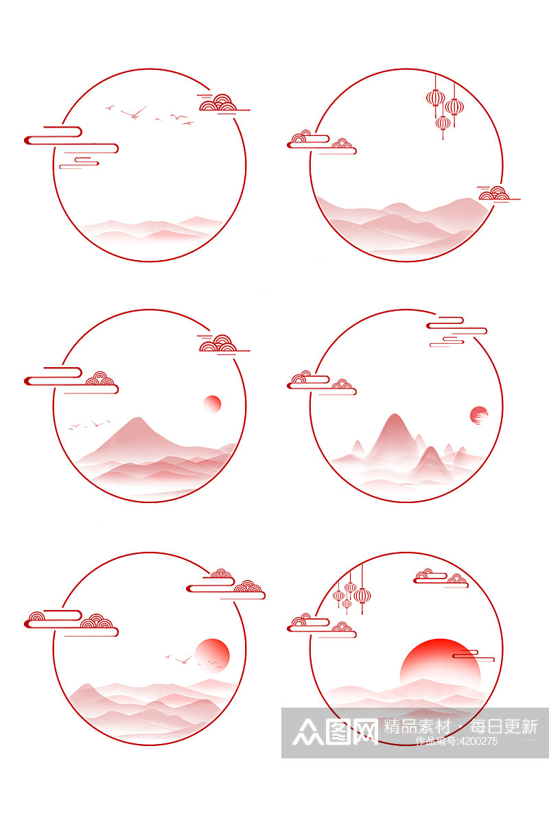 国潮古风山水水墨祥云灯笼标题框免扣元素素材