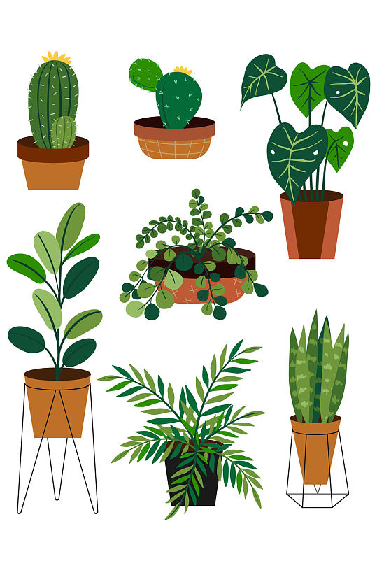 卡通手绘简约绿色植物盆栽叶子免扣元素