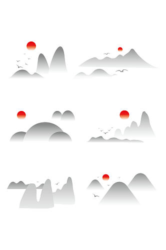 禅意中国风水墨山水飞鸟传统装饰免扣元素