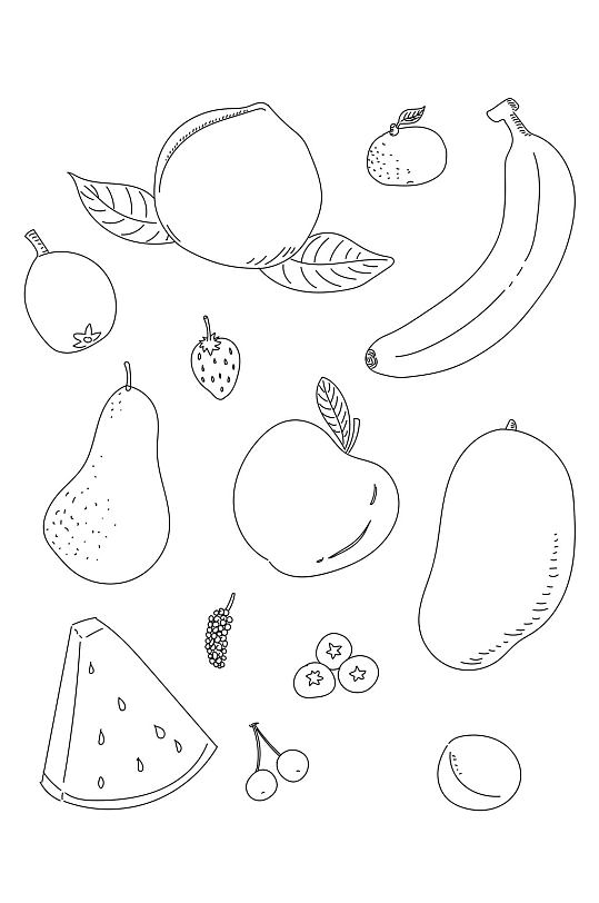 手绘插画苹果梨芒果杷蓝莓水果线稿免扣元素