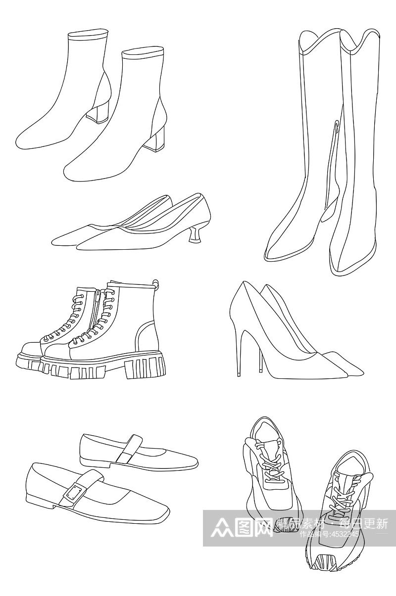 手绘插画靴子皮鞋女鞋高动鞋线描免扣元素素材