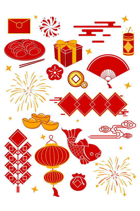 中国风祥云灯笼烟花新年元素免扣元素