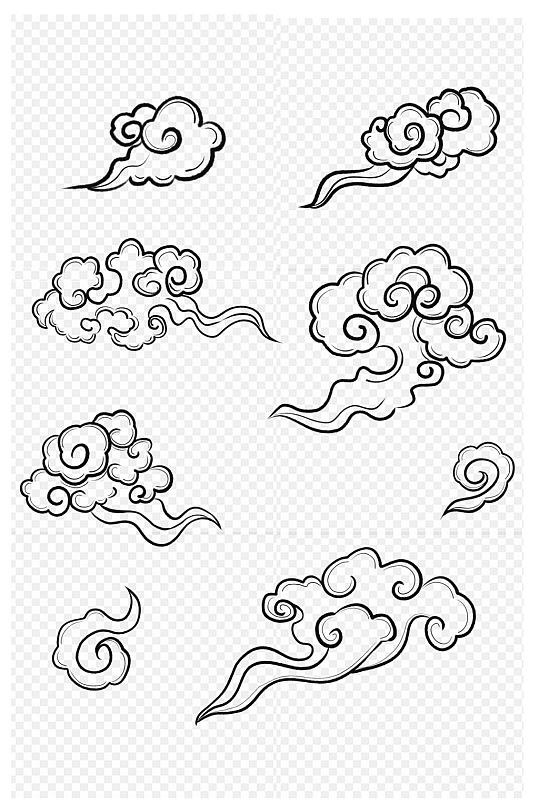 手绘中国风祥云纹黑白线稿素材免扣元素