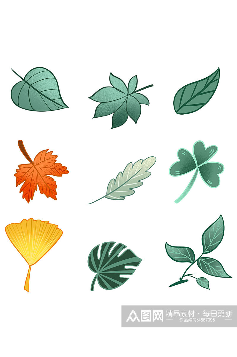 清新夏季手绘插画植物绿色叶子装饰免扣元素素材
