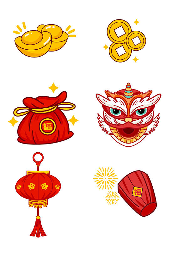 喜庆新年春节铜钱元宝钱袋灯笼醒狮免扣元素
