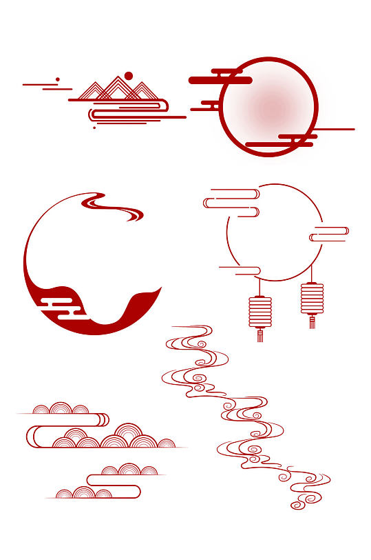 中式国潮风古风云纹山纹水纹红灯笼免扣元素