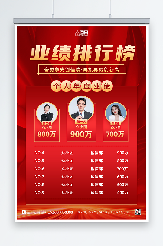 红色大气企业销售业绩排名表彰荣誉榜海报
