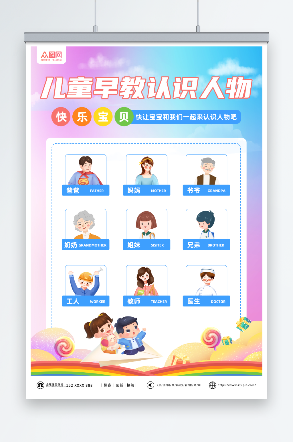 简约渐变儿童早教认识人物挂图海报素材