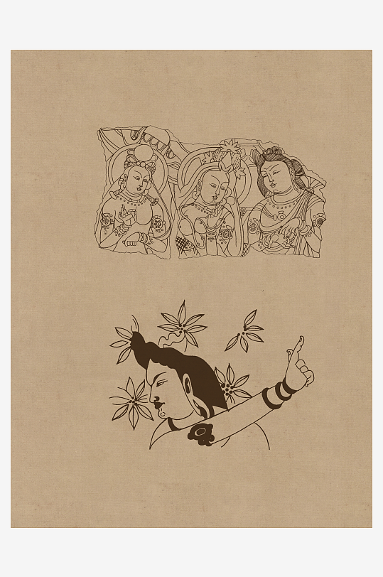 莫高窟敦煌壁画人物线描稿高清图片素材-众图网