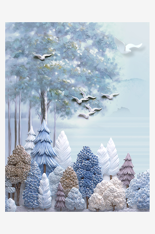 现代简约浮雕立体抽象发财树北欧装饰画