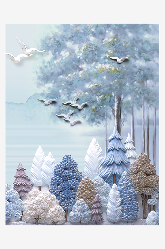 现代简约浮雕立体抽象发财树北欧装饰画
