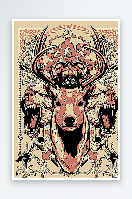 麋鹿复古插画装饰画-众图网