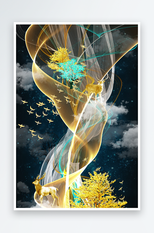 抽象线条金色森林装饰画图片-众图网