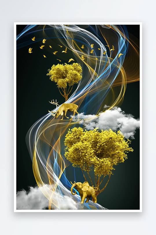 抽象线条金色森林装饰画图片-众图网