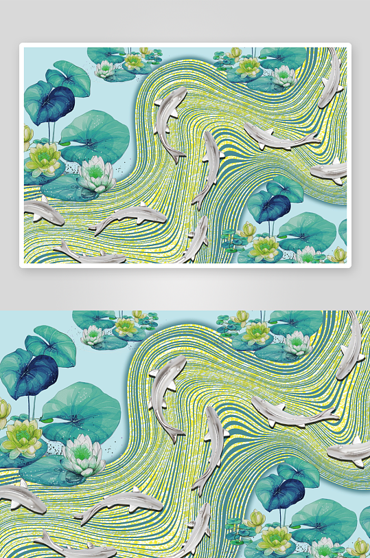 中式九鱼图背景墙-众图网