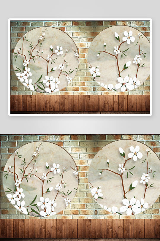 中式花卉风景画背景墙-众图网