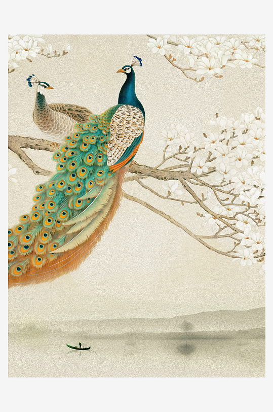 孔雀玉兰花中式挂画装饰画