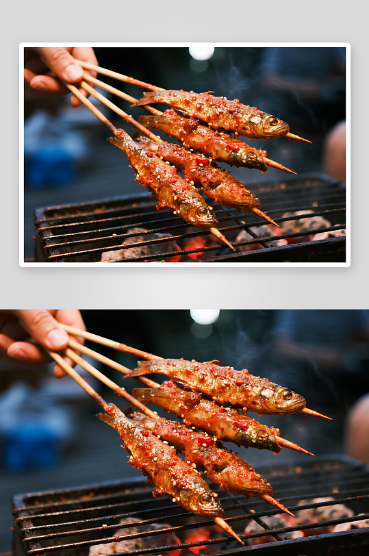 烤鱼肉串高清图片