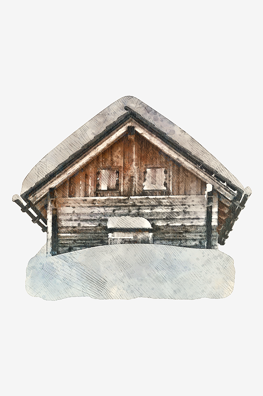 唯美水彩木屋雪屋免抠图-众图网