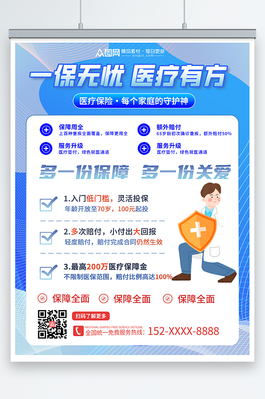简约蓝色医疗保险医保宣传海报