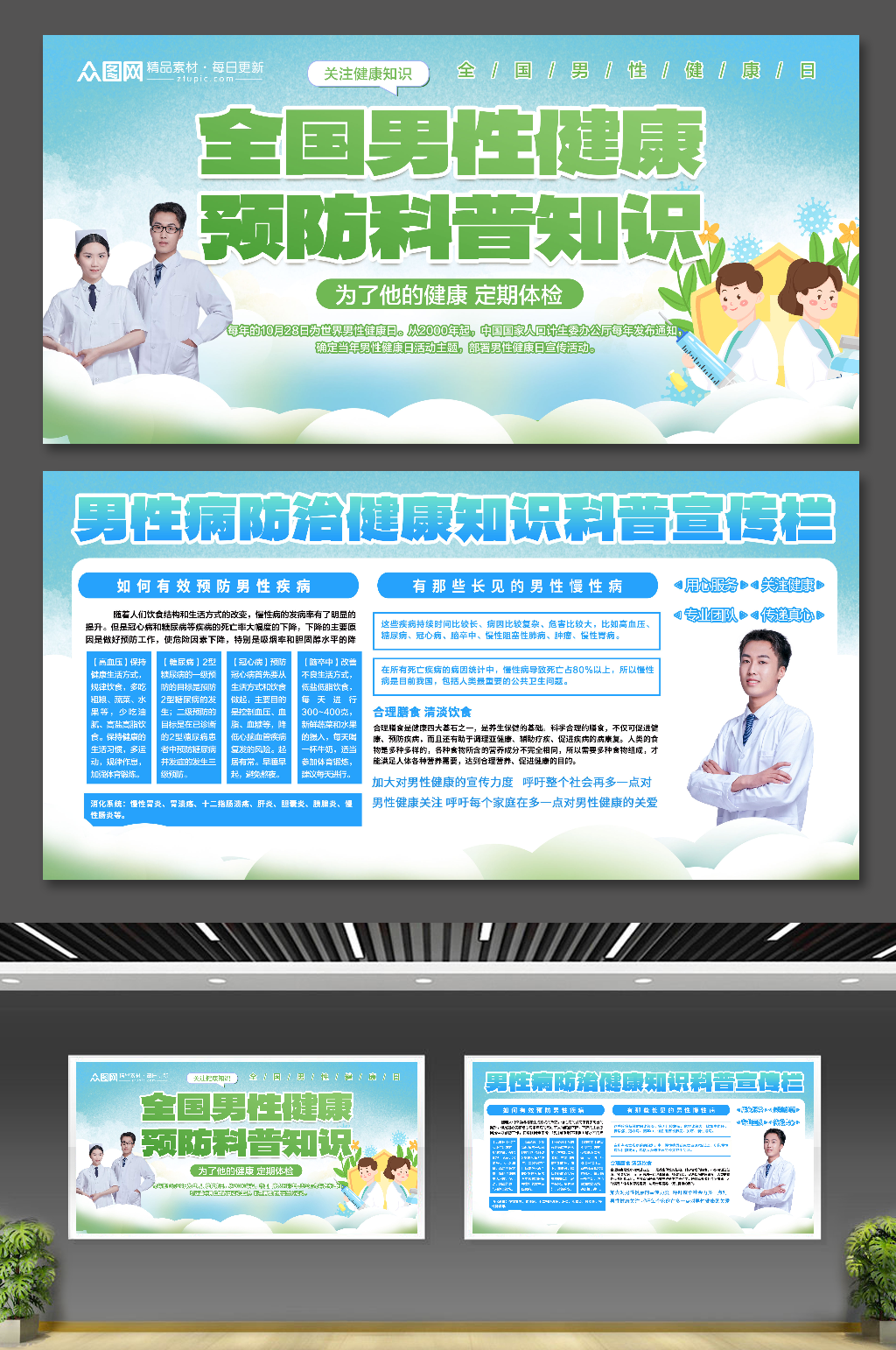 清新世界男性健康日医疗科普展板素材