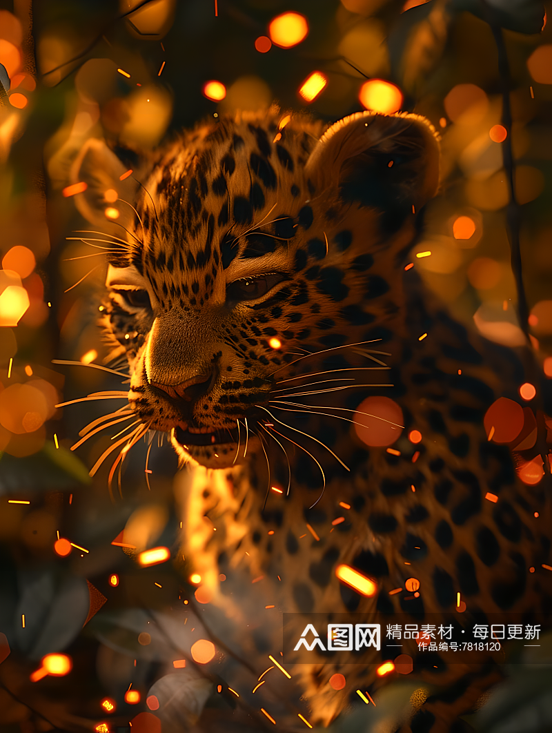 一只豹子在暖黄色的灯光下素材