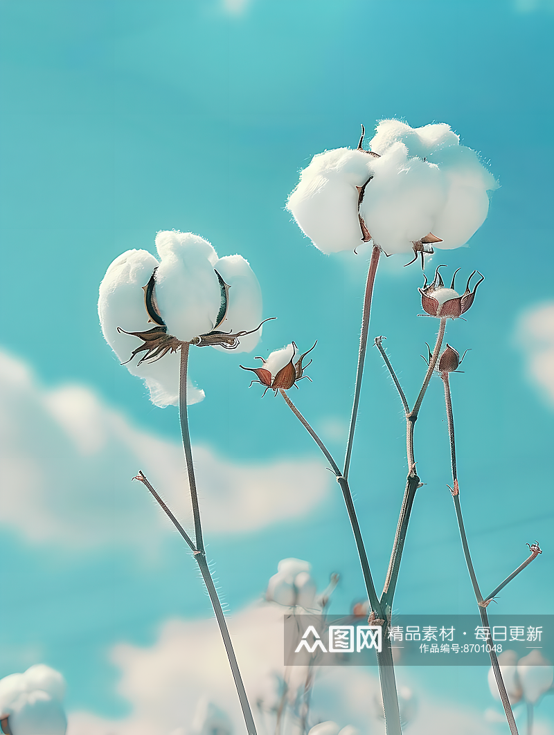 天蓝和白相间田野中的两株棉花植物素材