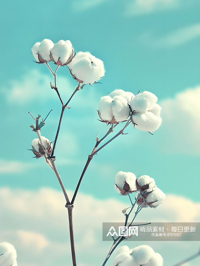 天蓝和白相间田野中的两株棉花植物素材